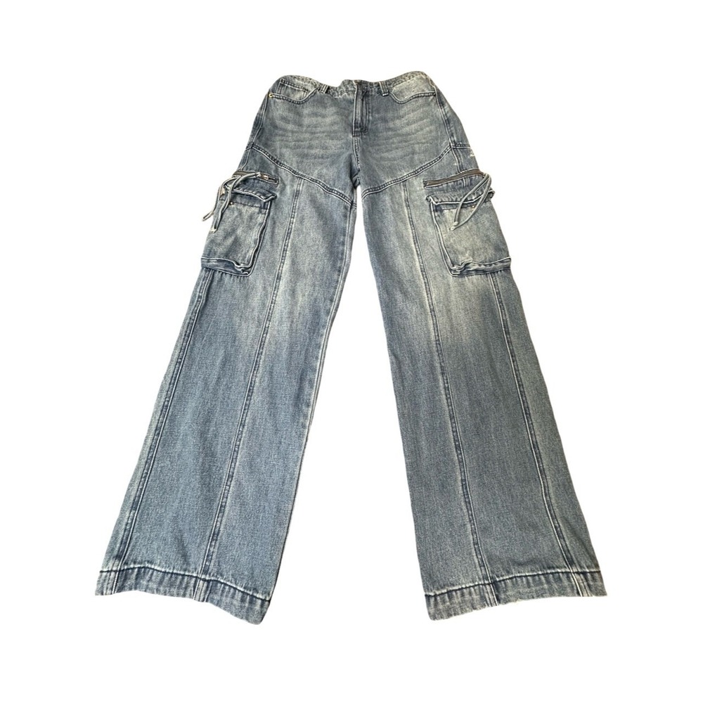 Fashion Nova Cargo Jeans Womens 7 Blue Wide Leg‎ Utility Pockets Denim